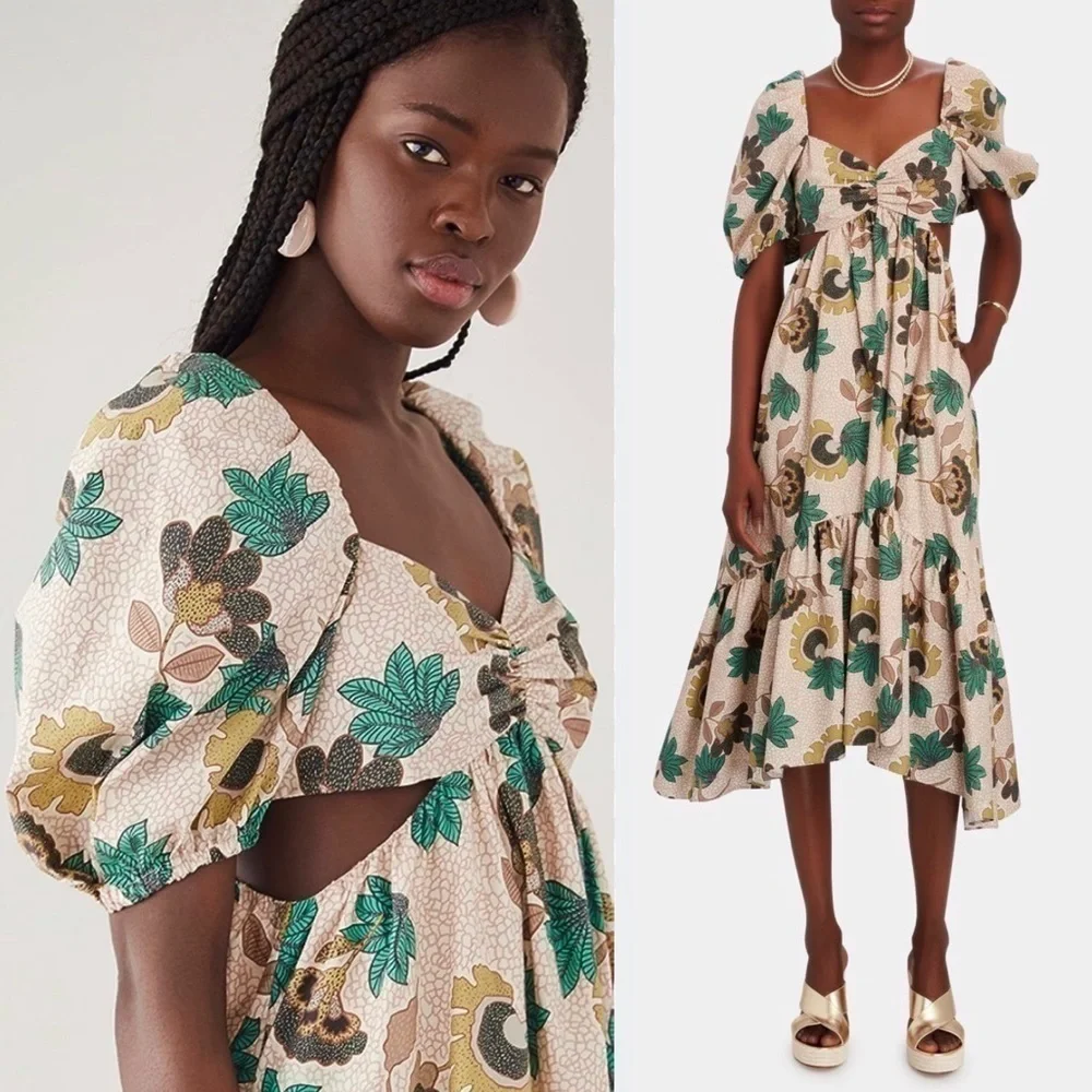 AUTUMN ADEIGBO Floral Print Puff Short Sleeve Cutout Tiered Ruffle Midi Dress 16